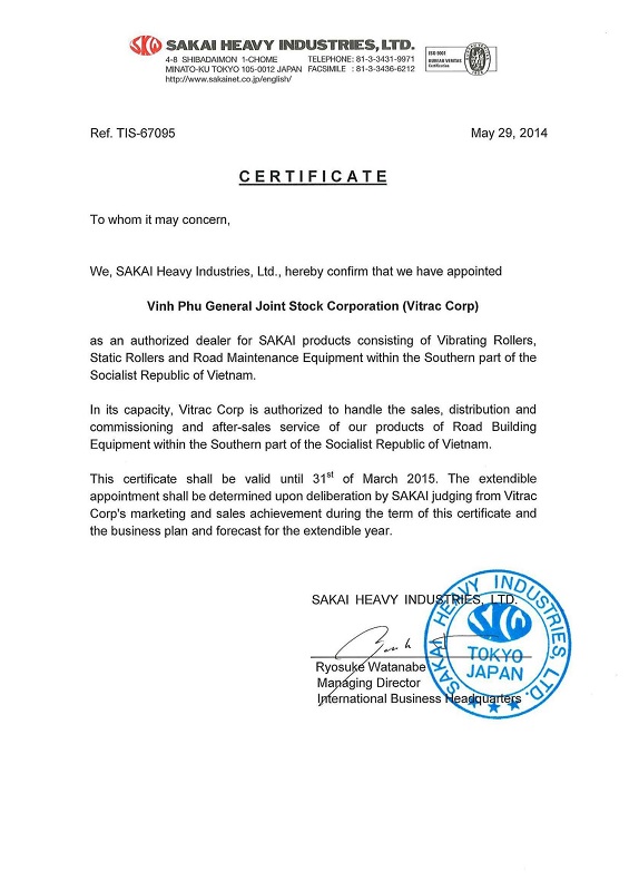 Chứng nhận đại lý SAKAI - VITRAC - Công Ty Cổ Phần  Tổng Công ty Vĩnh Phú